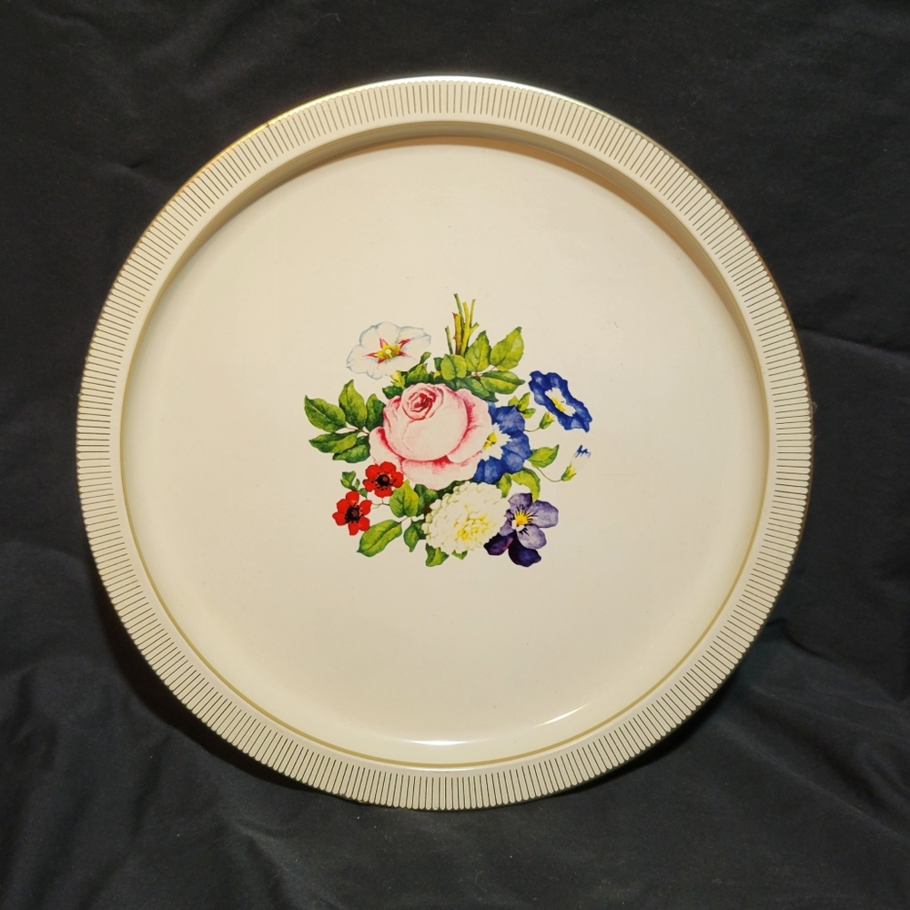 Vtg Denmark Tole Metal Tray Cream with Handpainted flowers and Gold edging